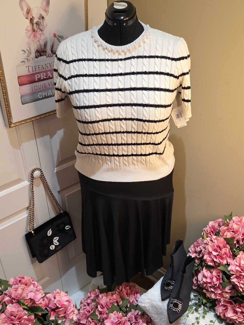 Nwt XL,L,M CeCe White Cable Knit Striped Short-Sleeve Sweater
